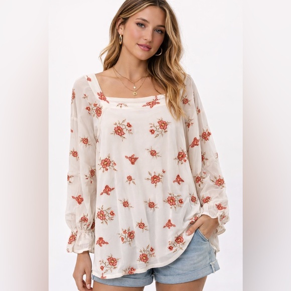 Skye's the Limit Tops - Skye’s The Limit Embroidered Sheer Blouse Medium Romantic Floral Top